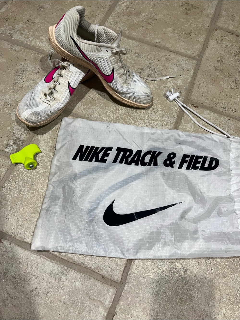 Nike White and Pink Track Spikes with Drawstring Bag